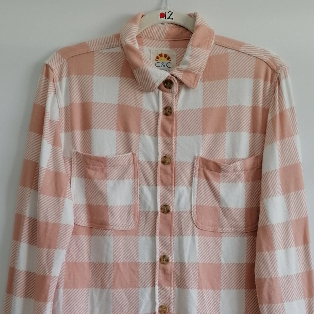 C&C California Women Dusty Pink & White Brick Plaid Print Fairbanks Shirt Size M - Picture 2 of 7
